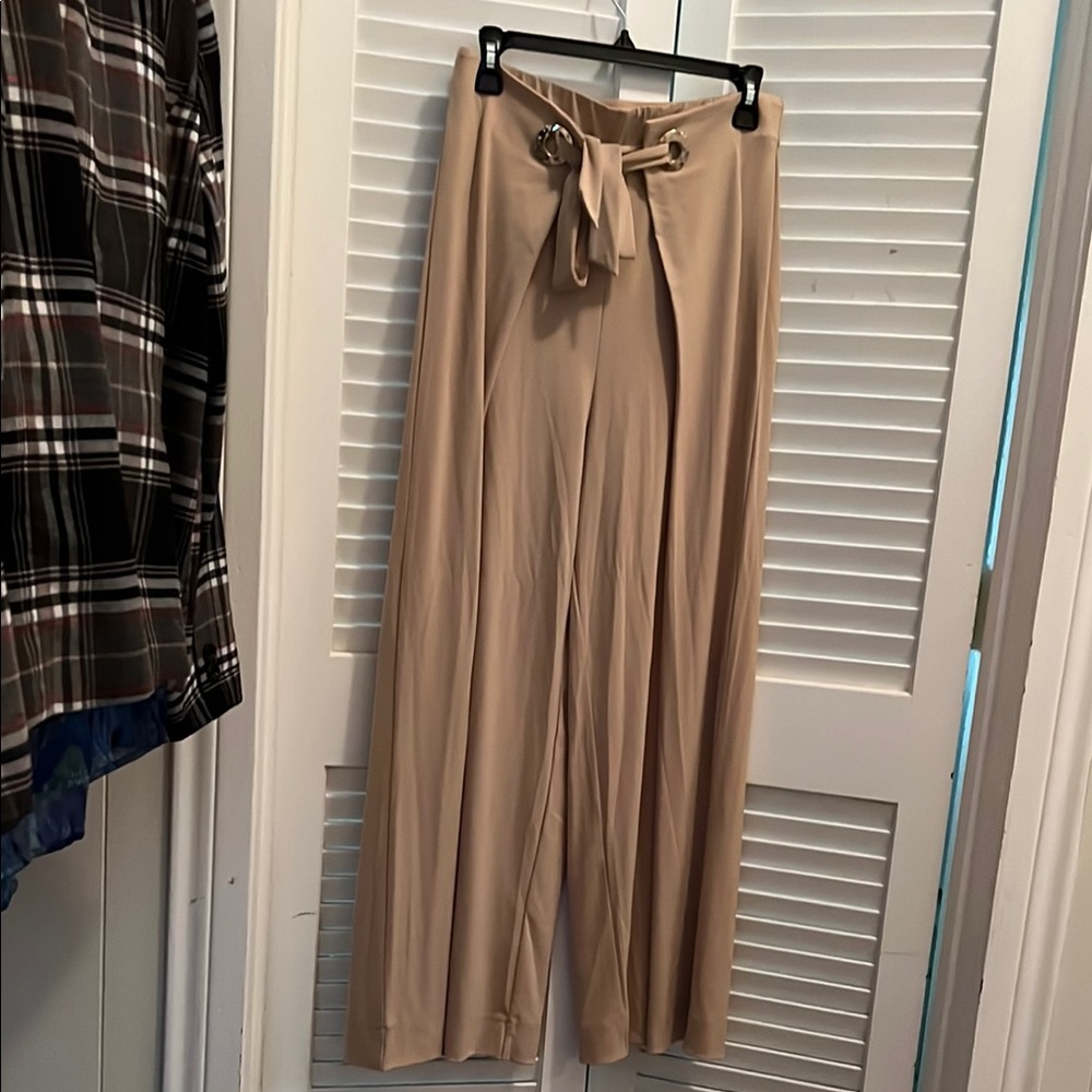 Christian Siriano Tan Wide-Leg Pants with Tie Waist